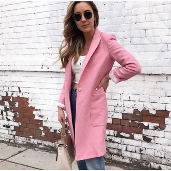 Zara Pink Textured Weave Coat Size Medium - Picture 1 of 8